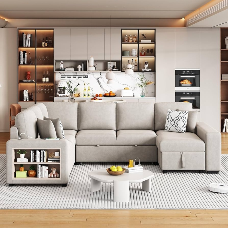 U-Shaped Sleeper Sectional with Built-in Armrest Shelving