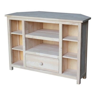 Unfinished Wood TV Stand: Craftsman Corner Console with Side Cubbies