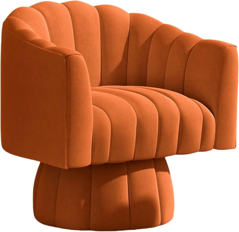 Upholstered Base Swivel Chair, Burnt Orange Velvet, Channeled