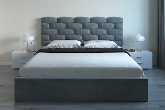 Upholstered Bed featuring Hexagonal Geometric Headboard Pattern Slate Grey