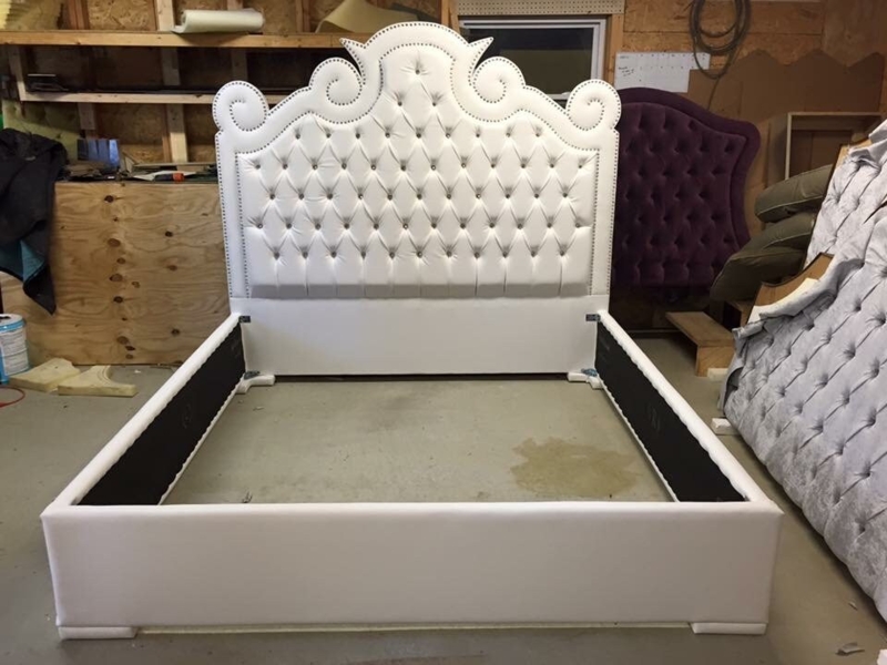 Upholstered Bed King, Scrolled Headboard, Nickel Nailhead Trim