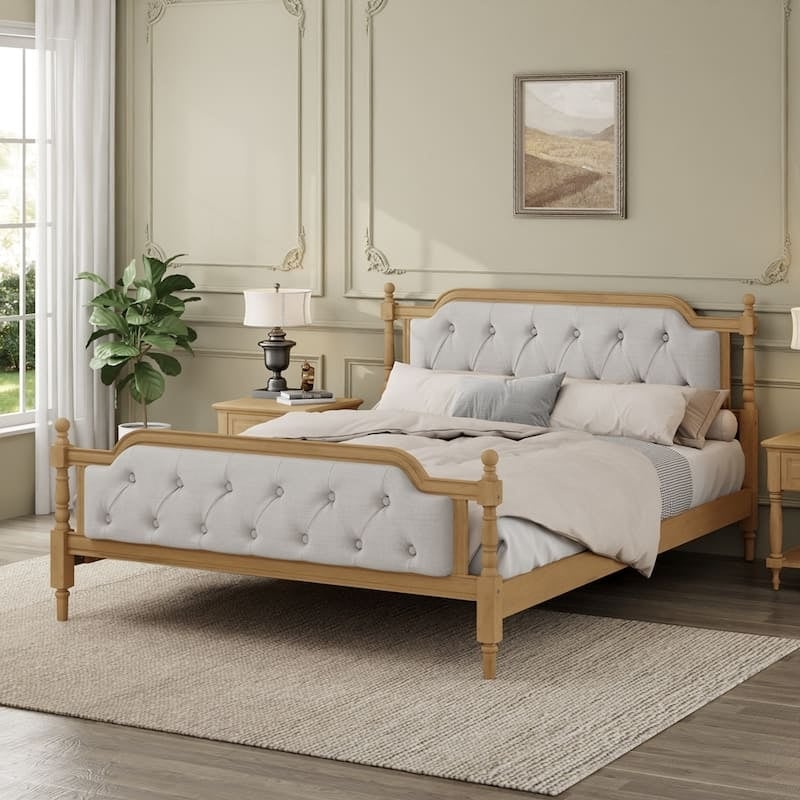 Upholstered Bed Spindle Posts Light Wood Tufted Footboard