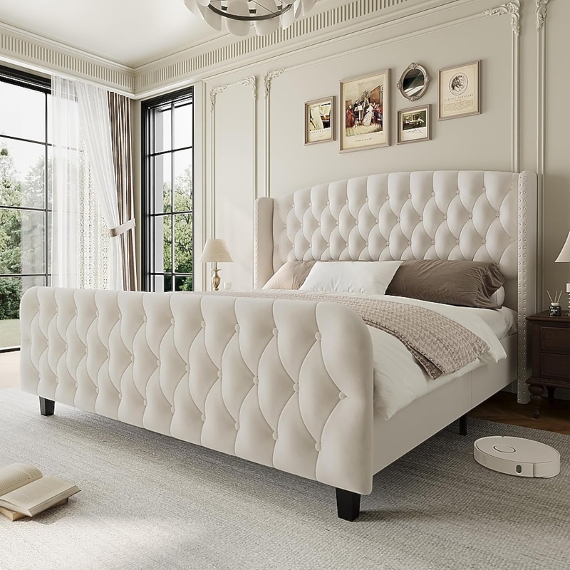Upholstered Bed with Velvet Platform and Tall Wingback Headboard
