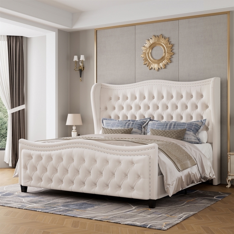 Upholstered Bed with Wingback Headboard and Curved Footboard Design