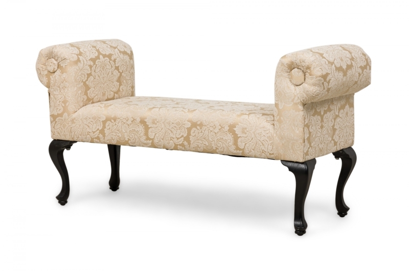 Upholstered Bench Beige Damask Pattern Scroll Arms Cabriole Legs