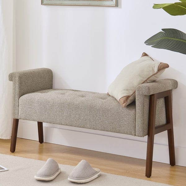 Upholstered Bench Beige Grey Weave Rolled Arms Exposed Wood Frame