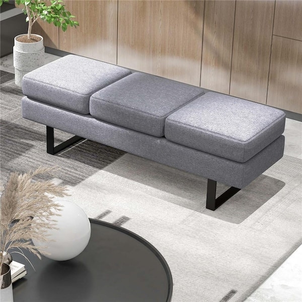 Upholstered Bench Charcoal Gray Three Section Cushion Sled Legs Minimalist