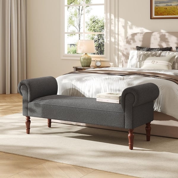Upholstered Bench Charcoal Teddy Fabric Scrolled Ends Turned Legs