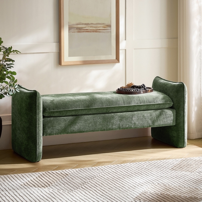 Upholstered Bench Moss Green Integrated Arms Block Base Modern