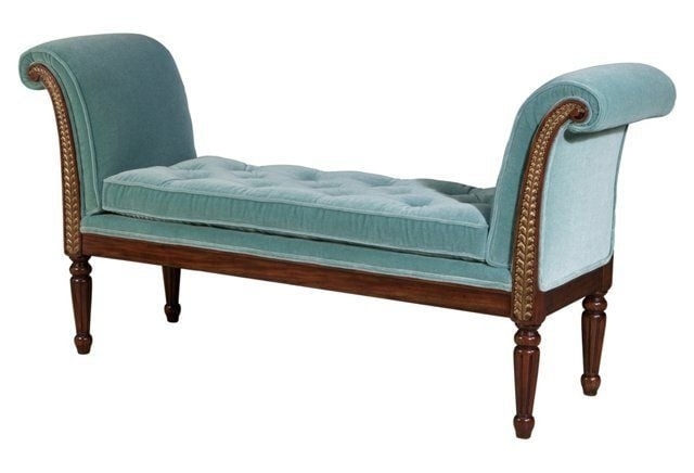 Upholstered Bench Seafoam Green Rolled Scroll Arms Fluted Legs Gold