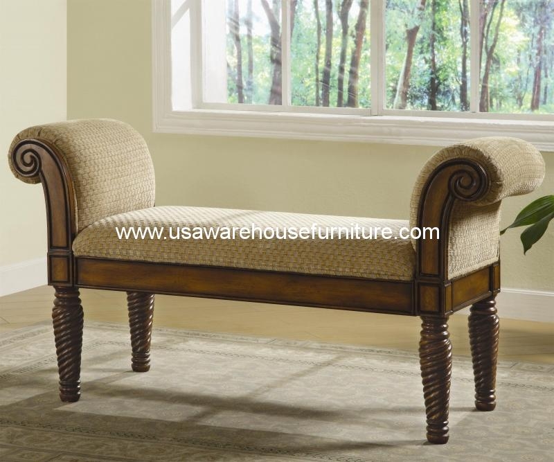 Upholstered Bench Spiral Turned Legs Walnut Brown Rolled Arms Scroll