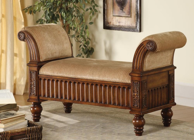 Upholstered Bench Walnut Brown Rolled Arms Fluted Base Carved