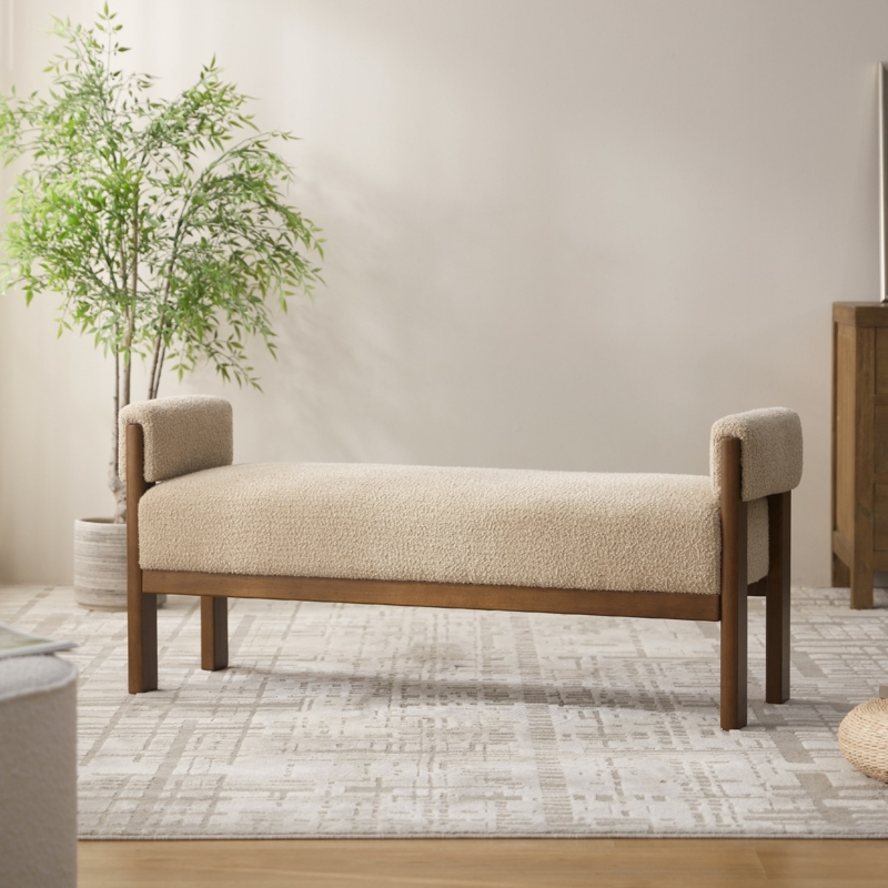 Upholstered Bench Warm Beige Bouclé Texture Exposed Frame Japandi