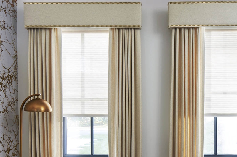 Upholstered Box Cornice with Nailhead Trim and Drapes