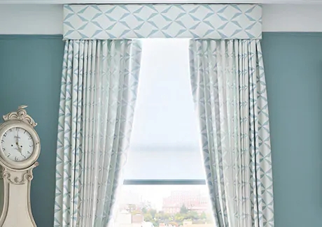 Upholstered Cornice with Teal Geometric Pinwheel Pattern