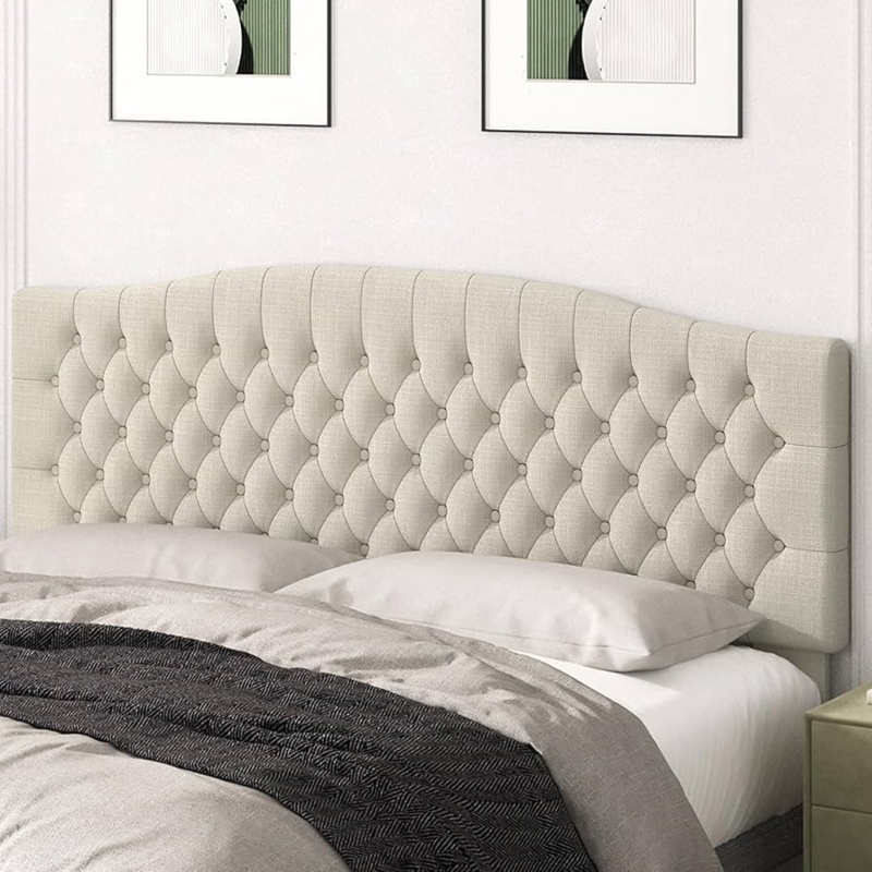Upholstered Headboard in Ivory Linen with Camelback Curve Design