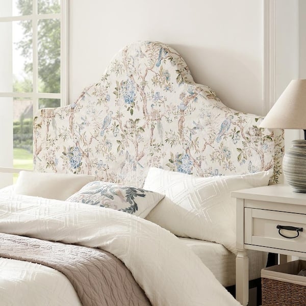 Upholstered Headboard with Blue Botanical Bird Print Slipcover Look