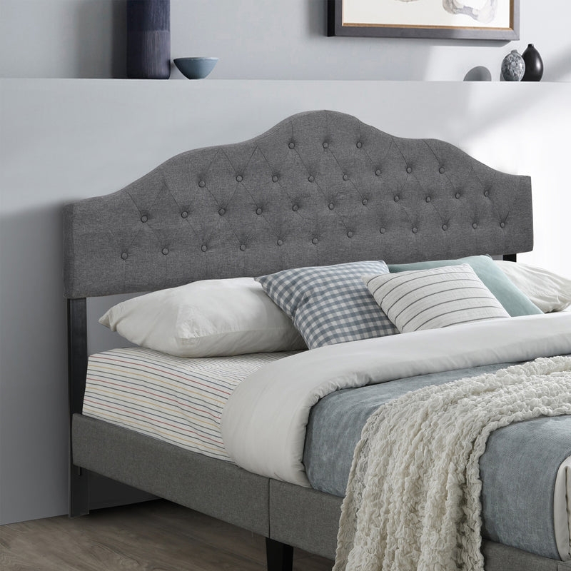 Upholstered Headboard with Camelback Silhouette in Charcoal Grey Linen