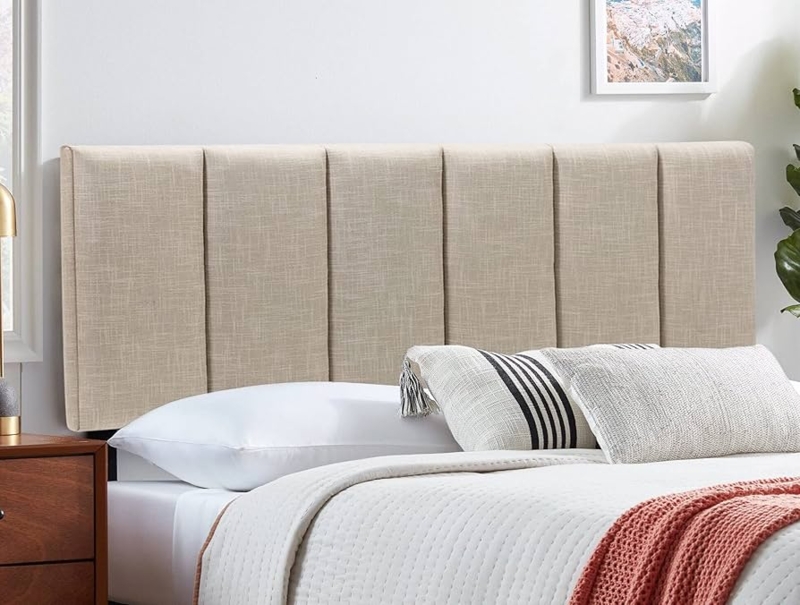 Upholstered Headboard with Vertical Channel Panels in Oatmeal Linen