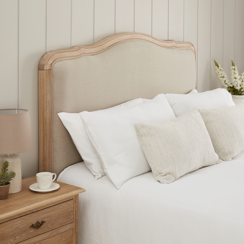 Upholstered Headboard with Whitewashed Wood Frame French Country Style
