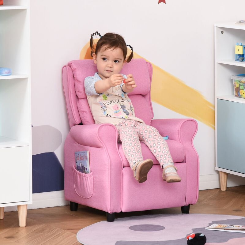 Upholstered Toddler Recliner: Soft Pink with Rolled Arms
