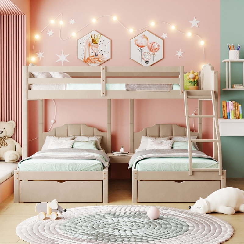 Upholstered Triple Bunk Bed, Warm Beige, Scalloped Headboards, L-Shaped