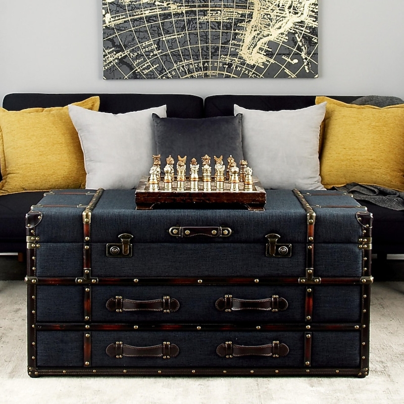 Upholstered Trunk Coffee Table in Navy Fabric: Vintage Steamer