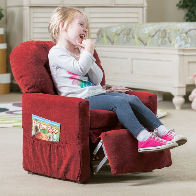 Upholstered Youth Recliner: Deep Red Textured Fabric
