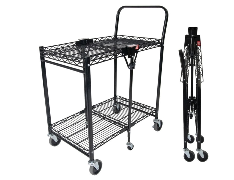 Utility Cart Black Wire Mesh Shelves Six Wheel Base Locking Hinge