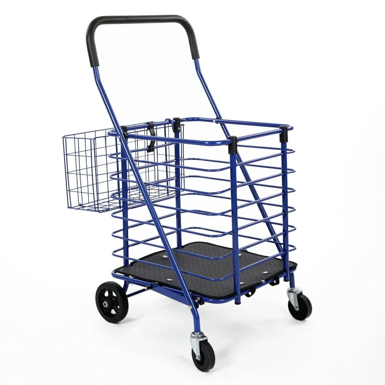 Utility Cart, Cobalt Blue Finish, Dual Wire Baskets, Folding Frame