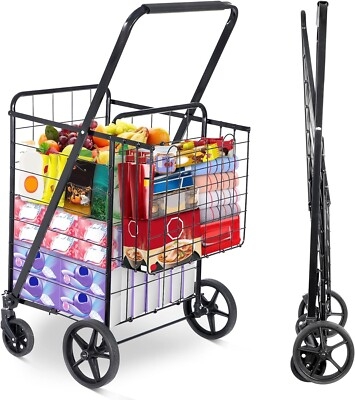 Utility Cart, Large Rear Wheels, Matte Black Wire, Double Basket