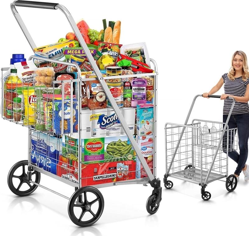 Utility Cart, Side Baskets, Metallic Silver Wire, Large Wheel Design