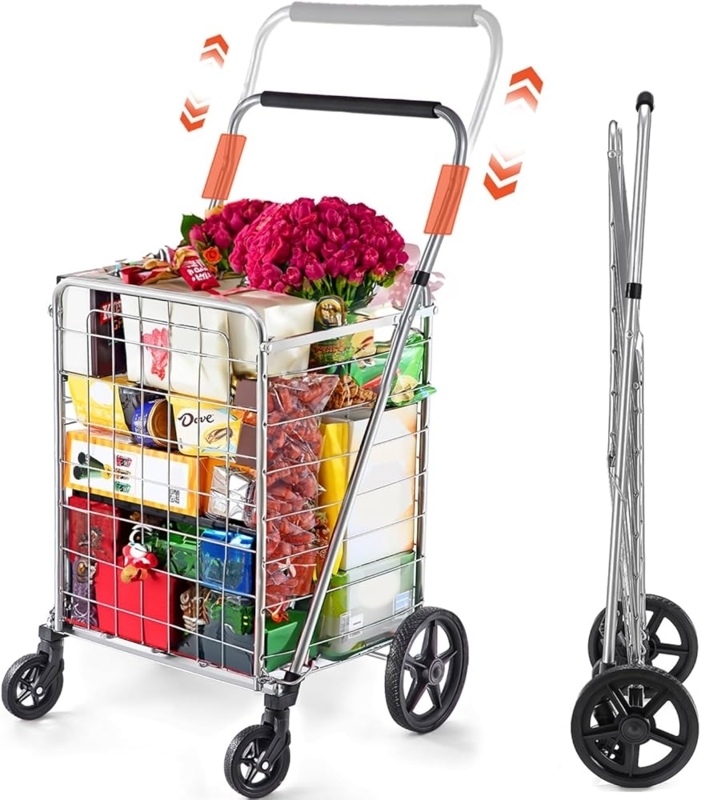 Utility Cart Silver Extra Large Basket Adjustable Padded Handle