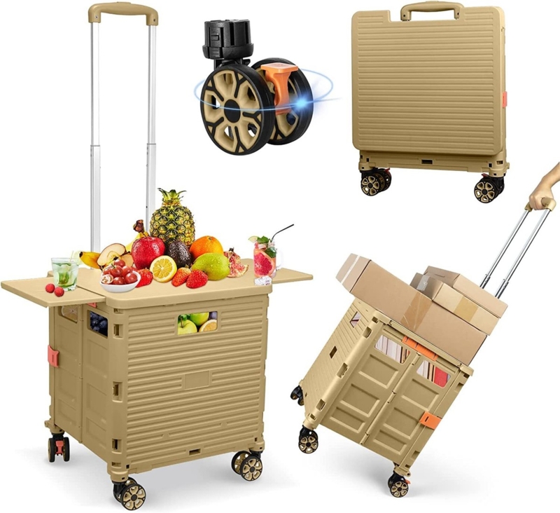 Utility Cart with Expandable Lid and Swivel Wheels in Warm Beige
