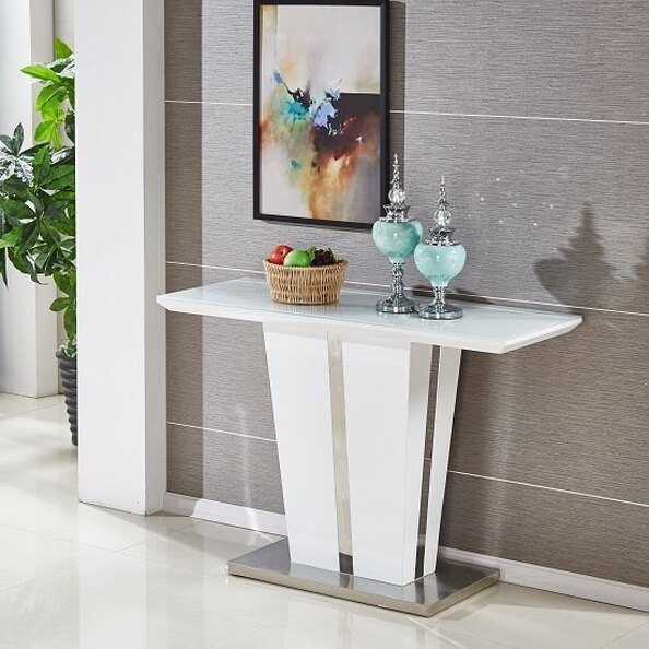 V-Shaped Console Table with White Glass Top and Pedestal Base
