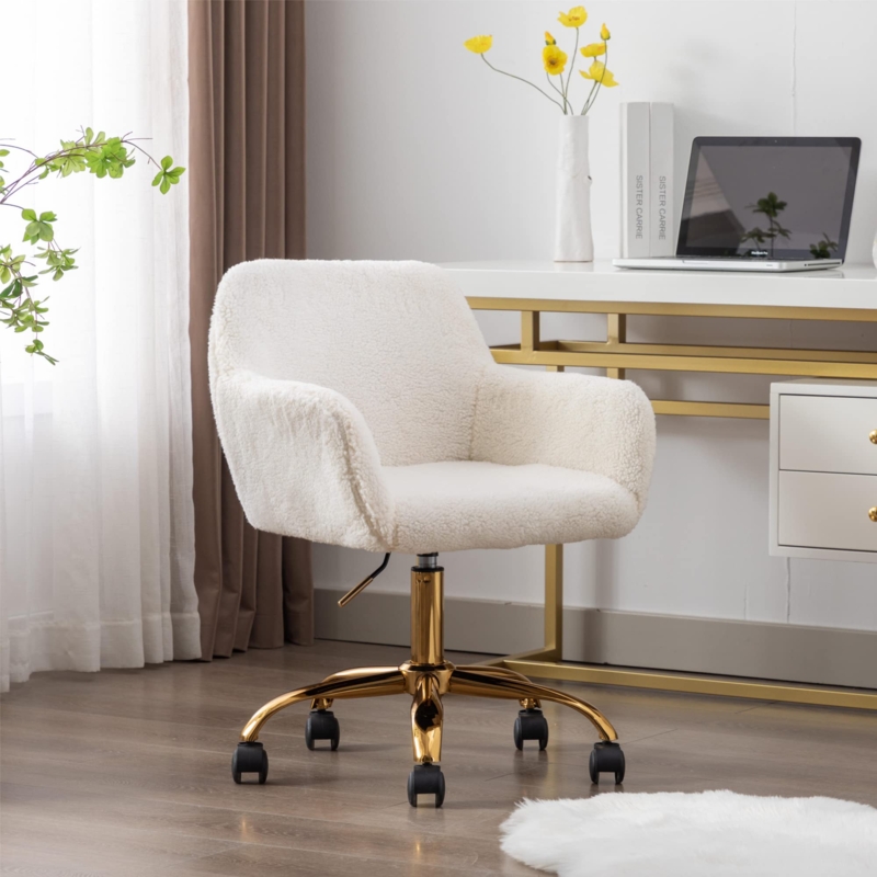 Vanity Chair in Plush Sherpa Texture with Polished Gold Base