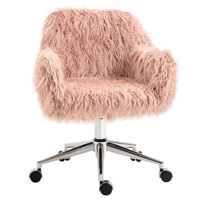 Vanity Chair in Shaggy Faux Fur with Polished Chrome Swivel Base