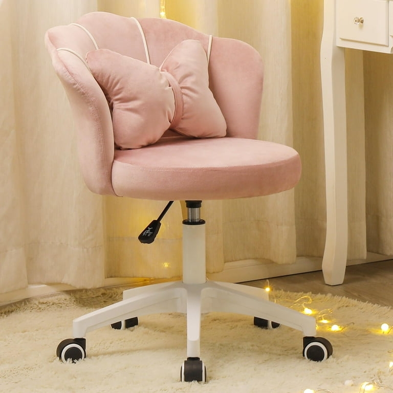 Vanity Chair with Bow Cushion and Shell Back on White Swivel Base