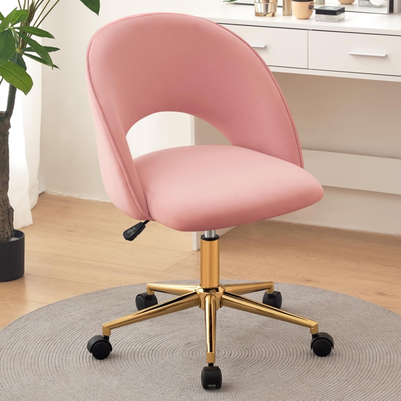 Vanity Chair with Curved Cutout Back in Blush Pink Velvet and Gold Base