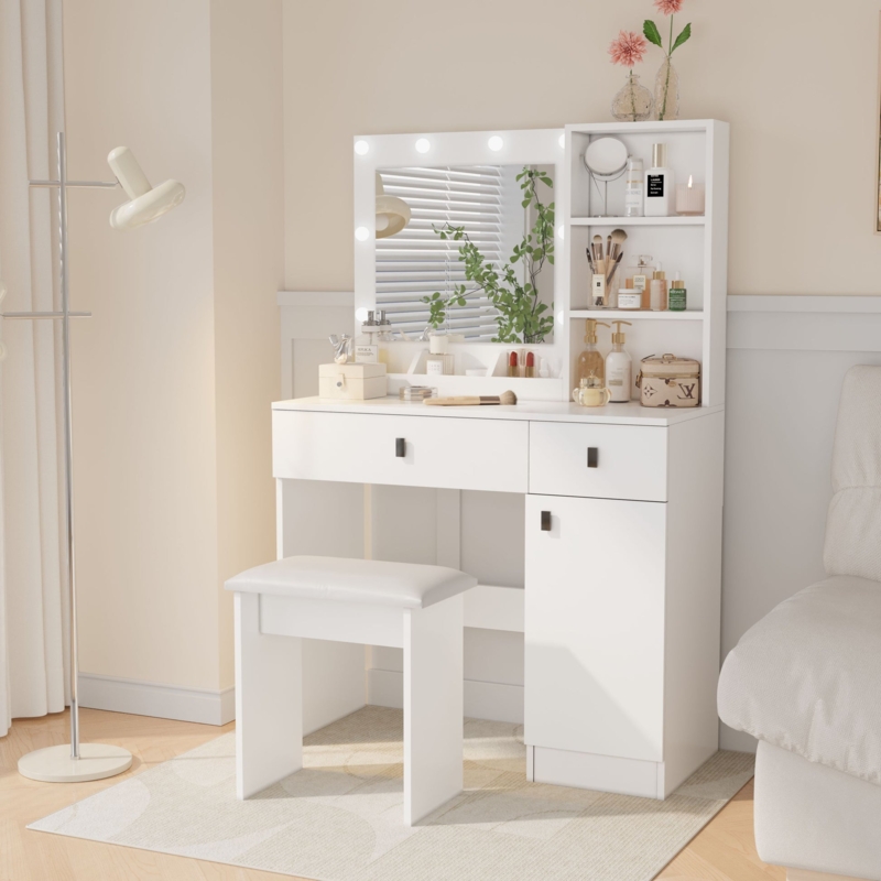 Vanity Desk Asymmetrical Drawers Hollywood Mirror Open Shelving