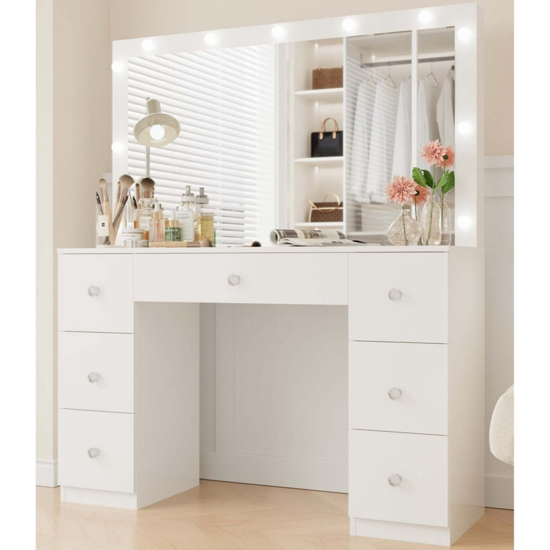 Vanity Desk Faceted Knobs, Hollywood Lighting, Seven Drawers, Glam