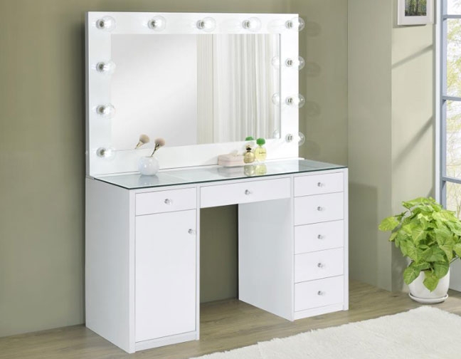 Vanity Desk Glass Top Side Cabinet 7 Drawers LED Perimeter Lighting