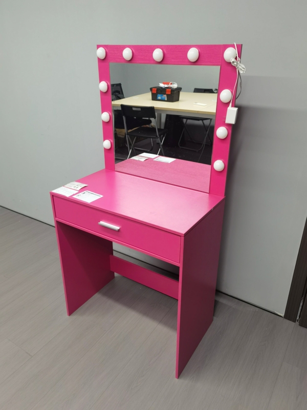 Vanity Desk Hot Pink Finish, Integrated Vanity Lights, Wide Drawer