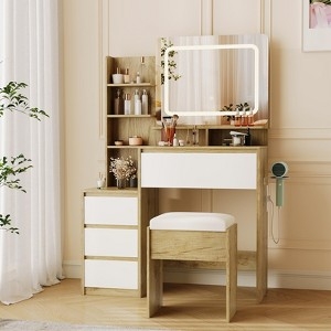 Vanity Desk Light Oak and White Drawers, LED Mirror, Power Outlet