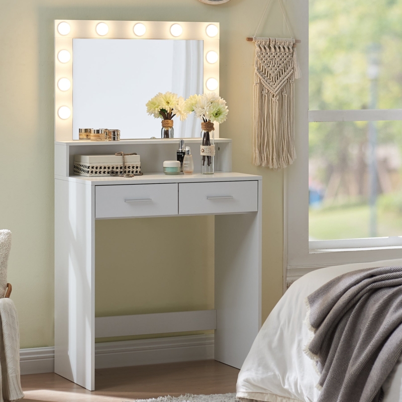Vanity Desk Minimalist Open Shelf, Hollywood Bulbs, Two Drawers