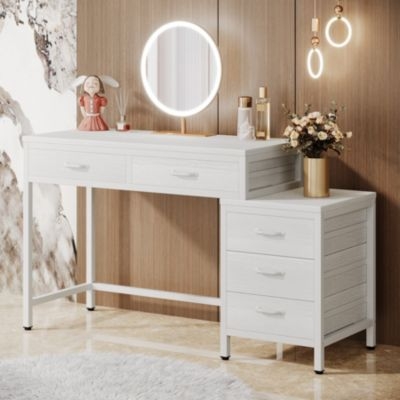 Vanity Desk Offset Side Chest Slatted Sides 5 Drawers Open Leg Space