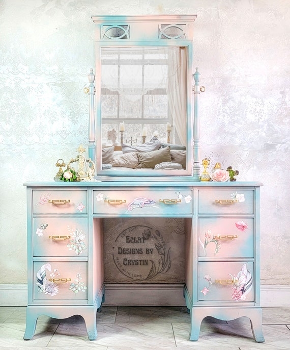 Vanity Desk Ombre Finish, Pastel Blue and Coral, Greek Key Pulls