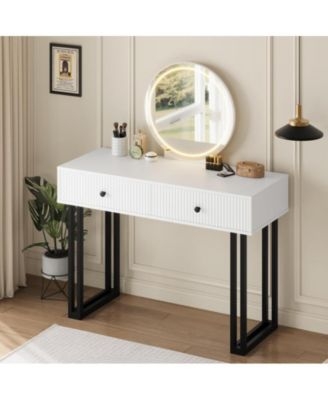 Vanity Desk U-shaped Legs, Black and White, Fluted Drawers, LED Mirror