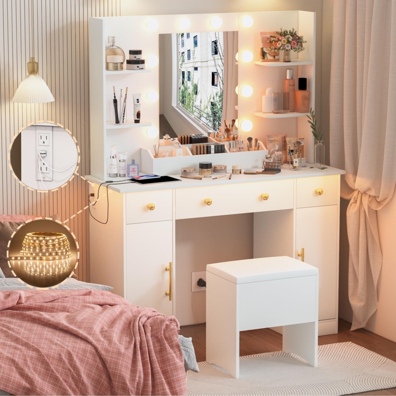 Vanity Desk with Matching Stool, Hollywood Mirror, Power Outlets