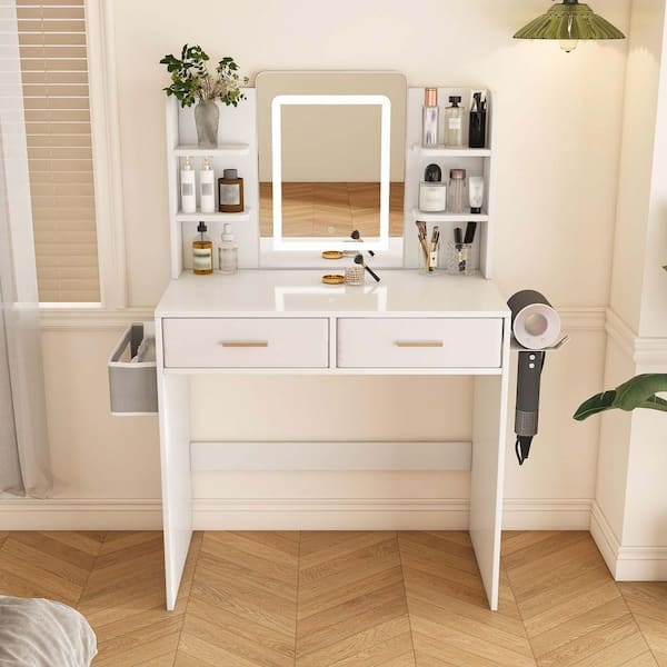 Vanity Desk with Side Storage Bag, Hair Dryer Holder, LED Light